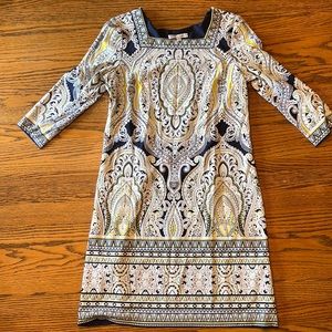 Sandra Darren White, Navy, & Yellow pullover patterned dress